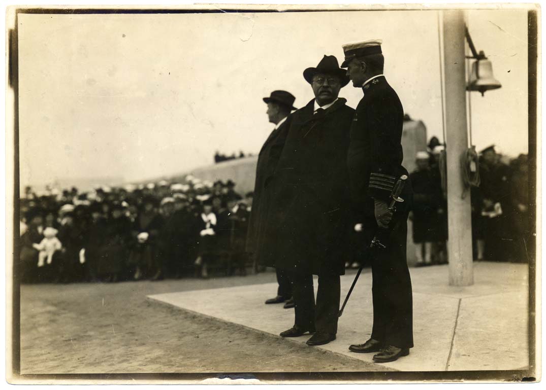 There are many items in the NHS collections with presidential connections. One example is this photograph which shows former President Theodore Roosevelt (Colonel Theodore Roosevelt) meeting with Captain Edward H. Campbell, Commandant, which took place at the Naval Training Station in Newport on October 17, 1918. 