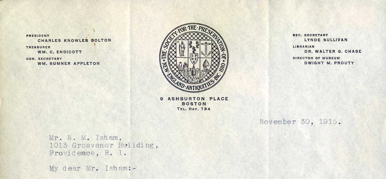 SPNEA letterhead on communication between William Sumner Appleton and Norman Isham concerning the Wanton-Lyman-Hazard House 1915.