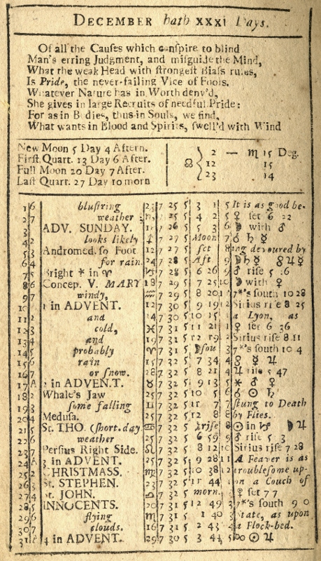 A 1752 Almanack, Job Shepherd, Philom. From the NHS collection.