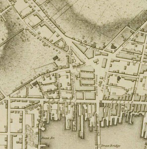 A section of the Charles Blaskowitz Map (1777) showing River Lane near Marlborough Street, from the NHS collection.