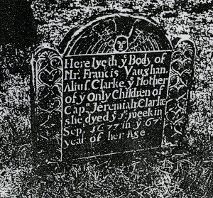 Enhanced photograph of Frances Latham’s stone in the Common Burying Ground, cut about 1720 by John Stevens I from the NHS library.