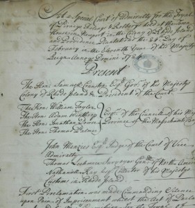 A section from the first page of the trial that was held in Newport in 1725. Image courtesy Greg Flemming.