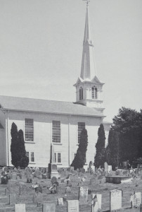 Little Compton Commons, containing the gravestones of William and Elizabeth (Alden) Pabodie, cut by John Stevens I of Newport. Photo from a genealogy book in the NHS library. 